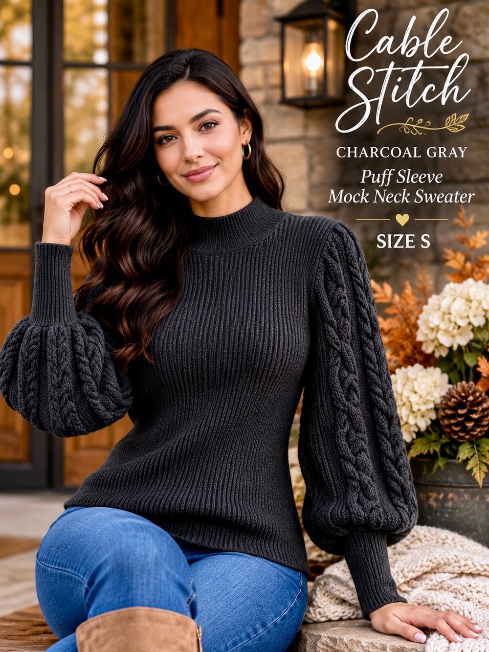 Cable Stitch Charcoal Gray Mock Neck Cable Sleeve Sweater Size S